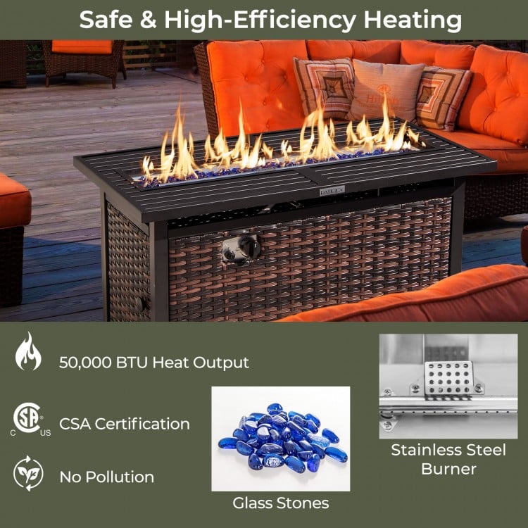 45-inch propane rattan firepit table with glass stones, 50,000 BTU output, stylish design for outdoor warmth and coffee.