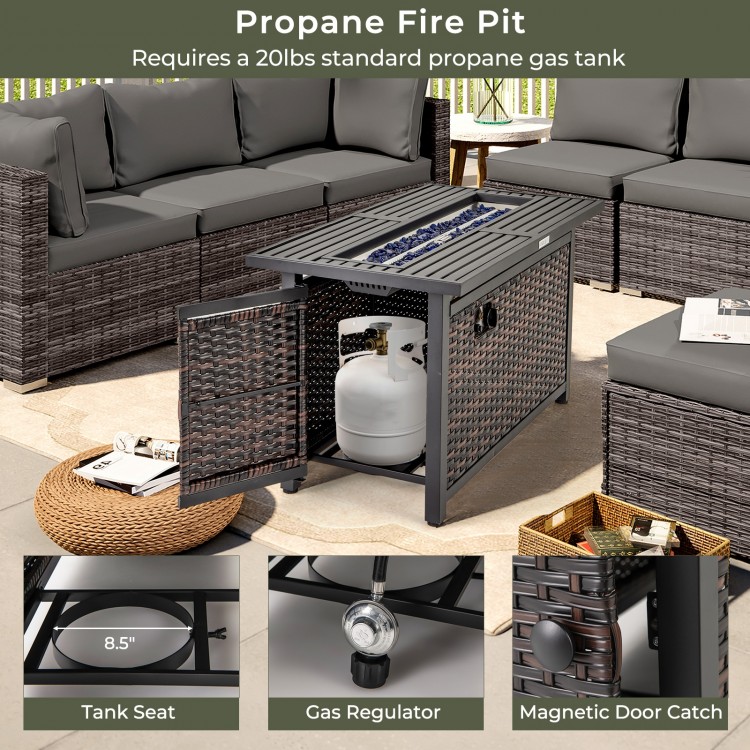 45-inch propane fire pit table with mixed brown rattan, glass stones, and protective cover for versatile outdoor use.