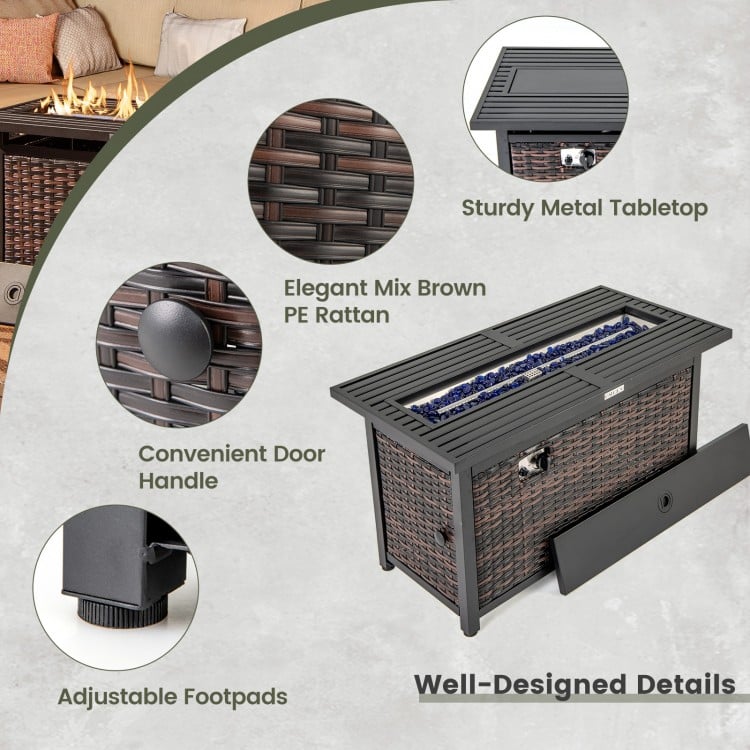 Detail view of the 45-inch propane rattan firepit table with a sturdy metal tabletop and adjustable footpads for.
