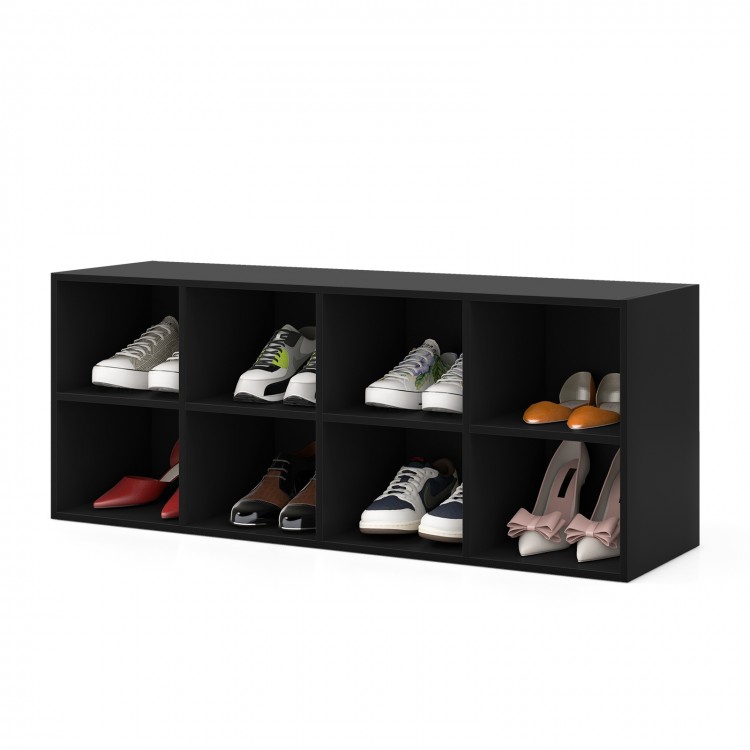 Black 8 cubbies shoe organizer with various shoes displayed, sturdy design for hallways or bedrooms.