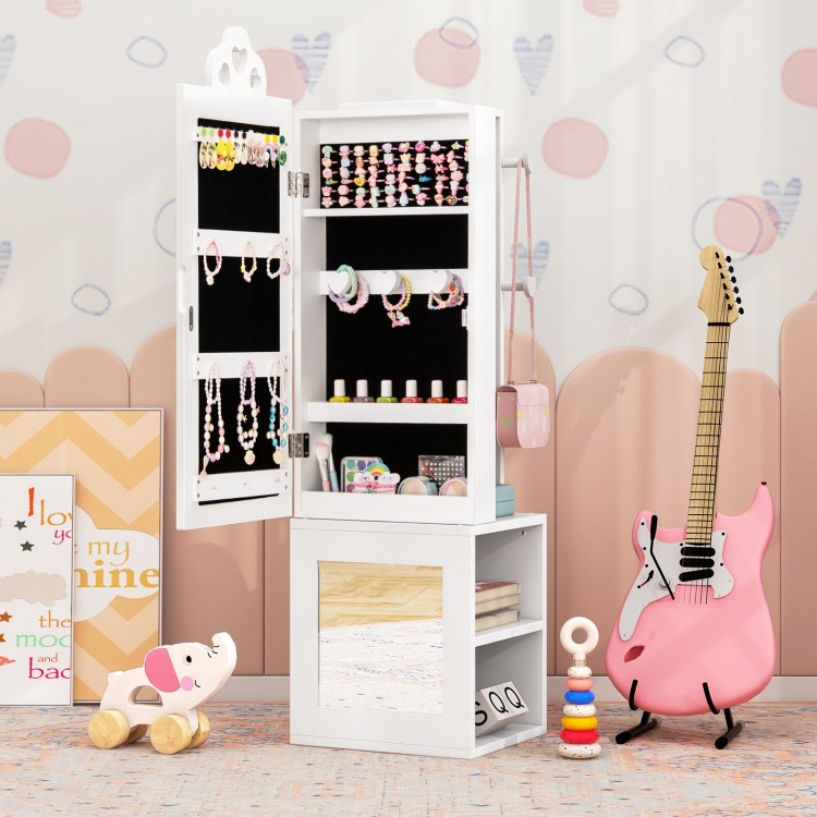 Freestanding white jewelry cabinet with full-length mirror, large storage, and organized shelves for kids' accessories.