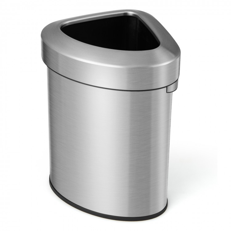Stainless steel 60L corner trash bin with lid, anti-slip bottom, perfect for kitchens and offices.