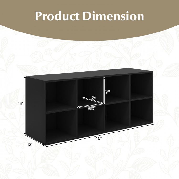Dimensions of the black 8 cubbies shoe organizer, measuring 40" x 12" x 16", showcasing its spacious design for storage.