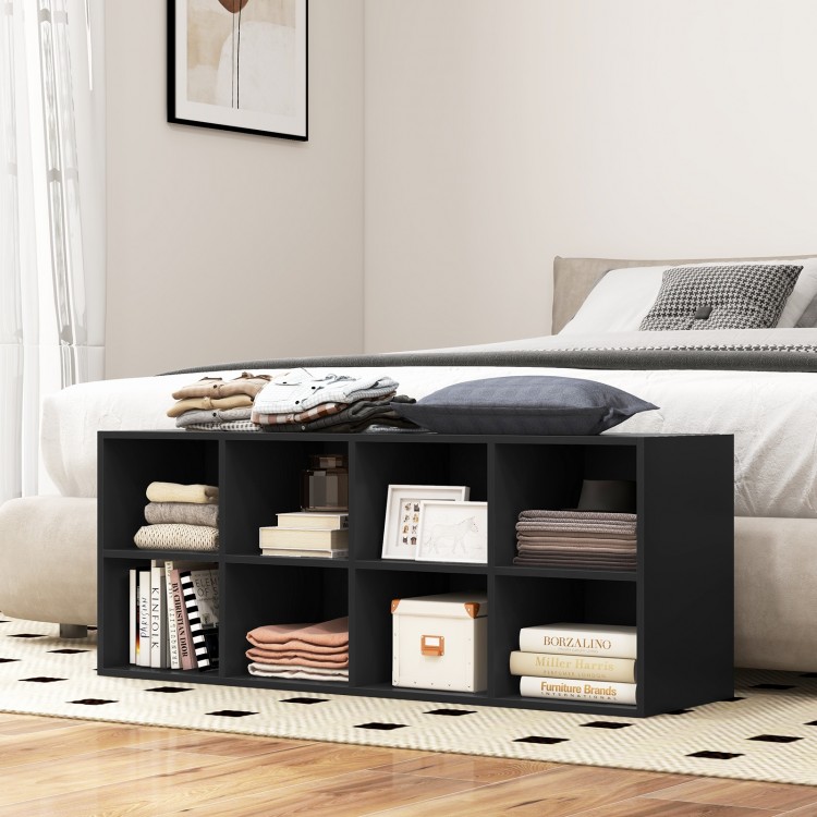 Black 8 cubbies shoe organizer with spacious top, perfect for storage in bedrooms or hallways, holding up to 550 lbs.