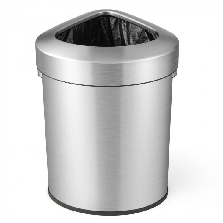 Stainless steel corner trash bin with lid, 60L capacity, non-slip bottom, ideal for kitchens and offices.