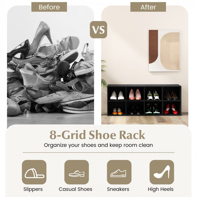 8-grid shoe organizer in black with 550 lbs capacity, ideal for keeping shoes tidy in hallways or bedrooms.
