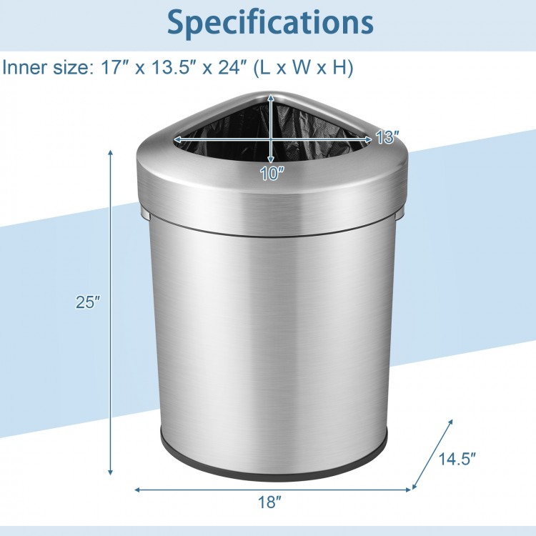 Stainless steel corner trash bin with lid, 60L capacity, anti-slip bottom, ideal for kitchens and offices.