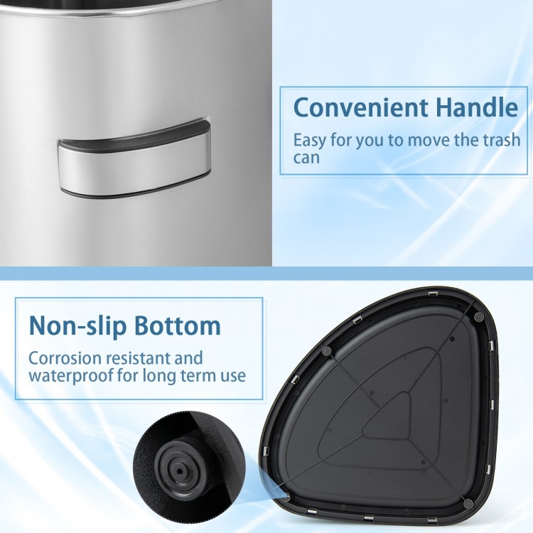 60L stainless steel corner trash bin with a convenient handle and non-slip bottom, ideal for kitchens and offices.