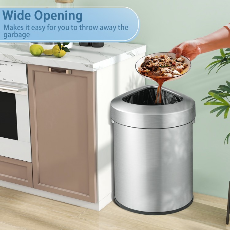 Stainless steel 60L corner trash bin with lid, featuring a wide opening for easy garbage disposal in kitchens or.