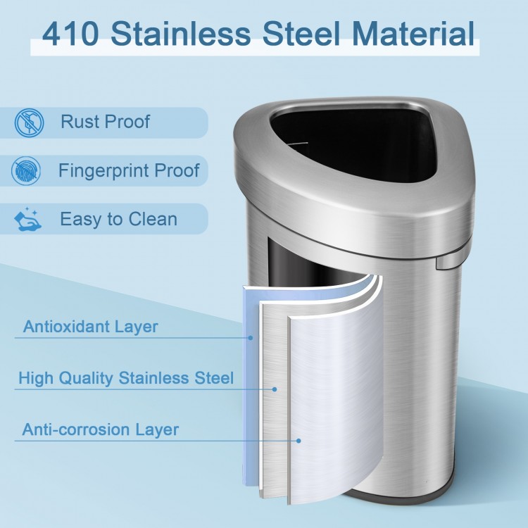 60L stainless corner trash bin with lid, anti-slip bottom, and durable silver finish for efficient waste management.