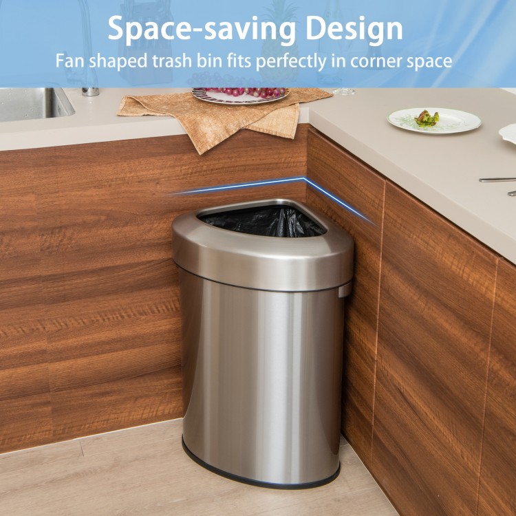 Stainless steel 60L corner trash bin with lid, designed for space-saving in kitchens and offices, featuring a non-slip.
