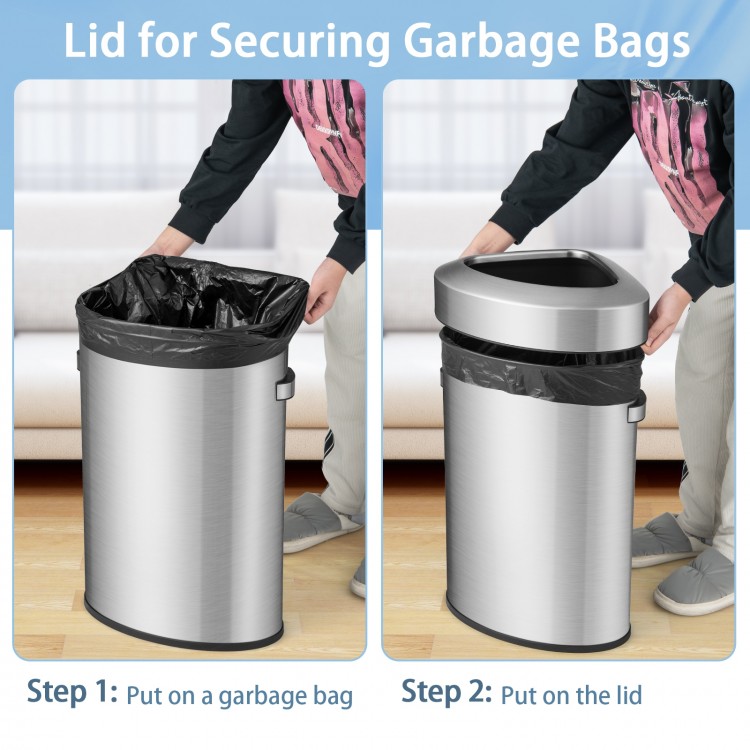 Stainless steel 60L corner trash bin with secure lid, designed to prevent bag slipping, ideal for kitchens and offices.