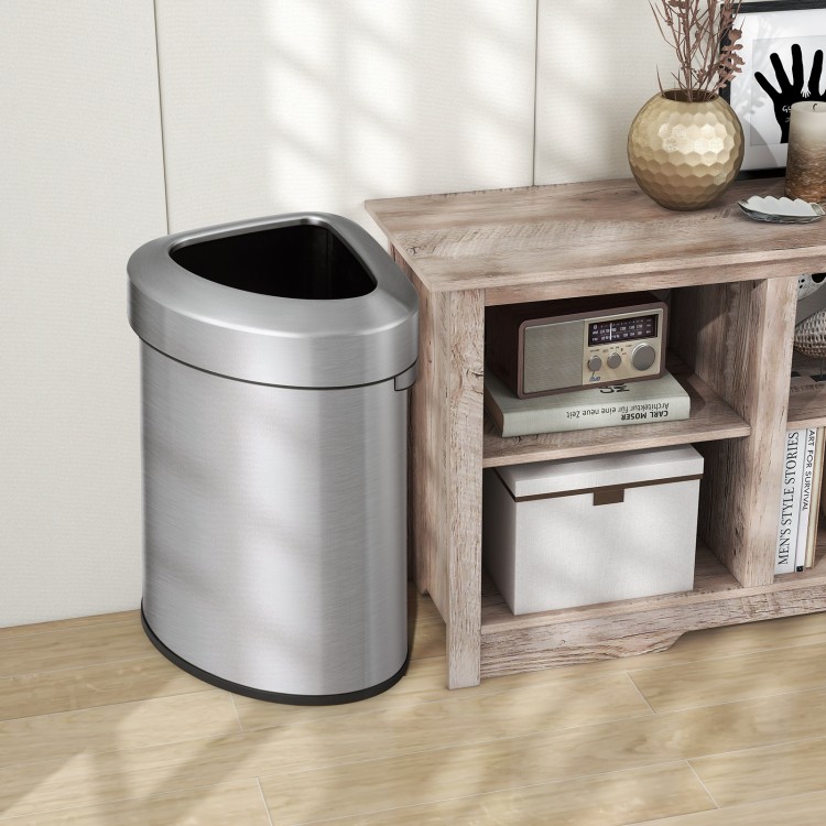 Stainless steel corner trash bin with lid, 60L capacity, designed for space-saving in kitchens or offices.