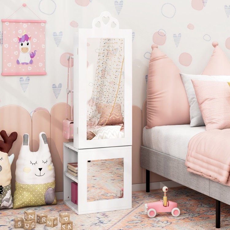Freestanding white princess vanity table with full-length mirror and storage for kids' jewelry and cosmetics in a.