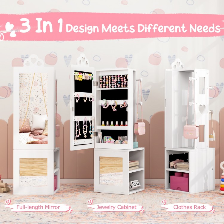 Freestanding jewelry cabinet with full-length mirror, white finish, large storage, perfect for kids' room organization.