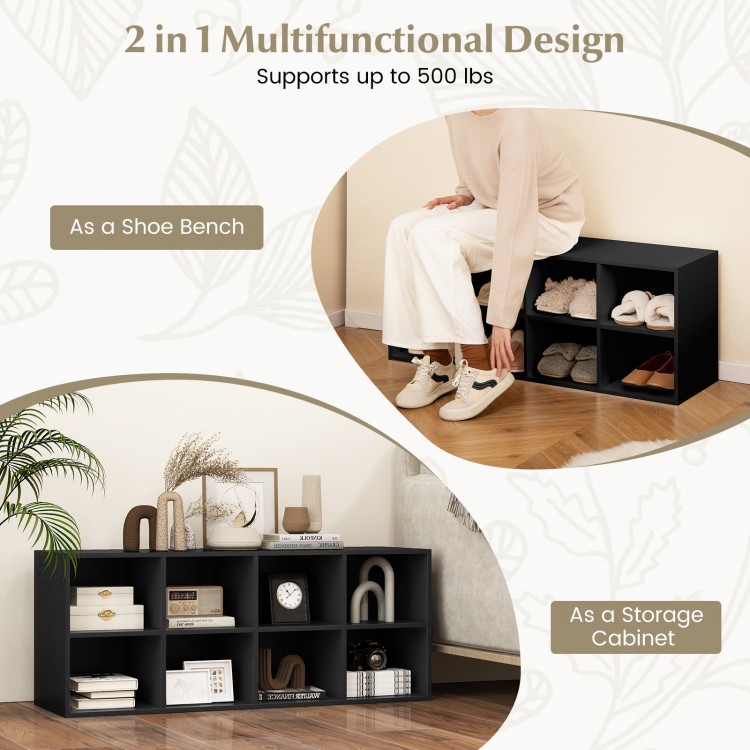 Black 8 cubbies shoe organizer with spacious top, supports 500 lbs, ideal for hallways or as a storage cabinet.