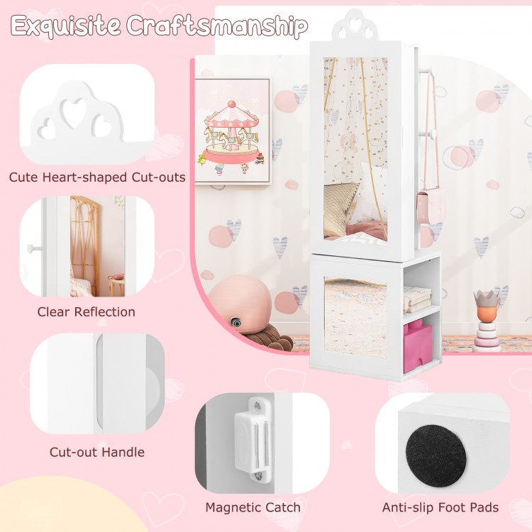 Freestanding white princess vanity table with full-length mirror, cut-out handle, and large storage for kids' jewelry.