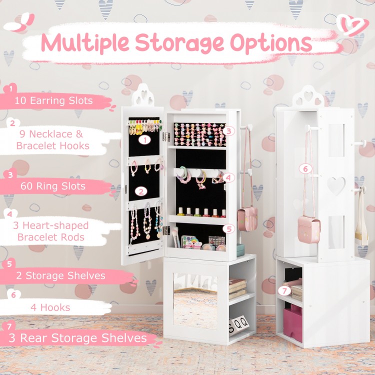 Freestanding white jewelry cabinet with full-length mirror, featuring multiple storage options for kids' accessories.
