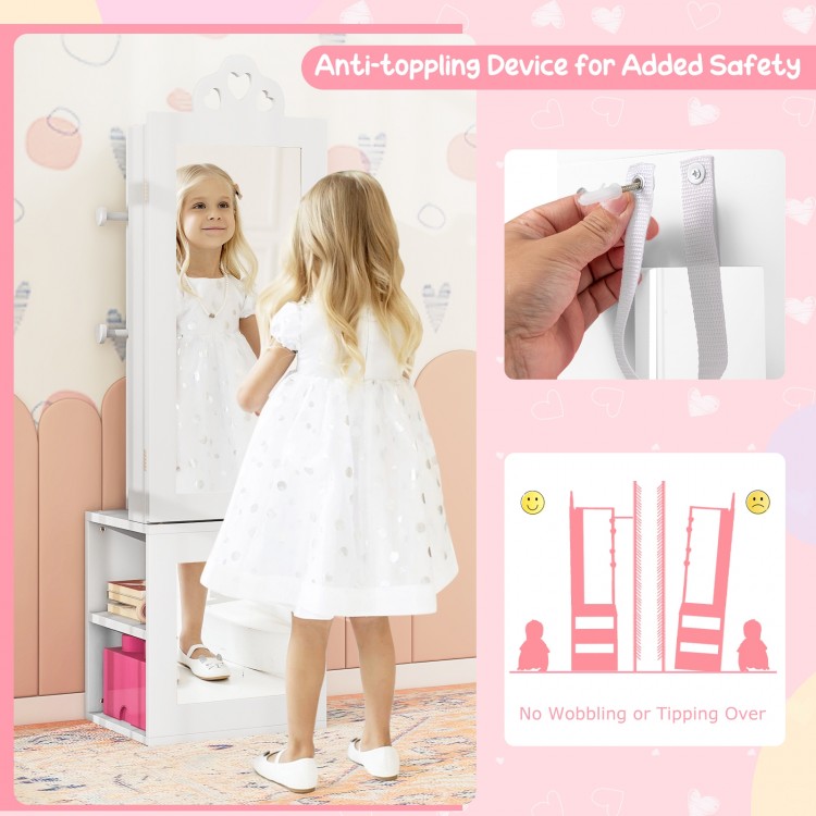 Princess vanity table set with full-length mirror, anti-toppling device, and large storage for kids' jewelry and.