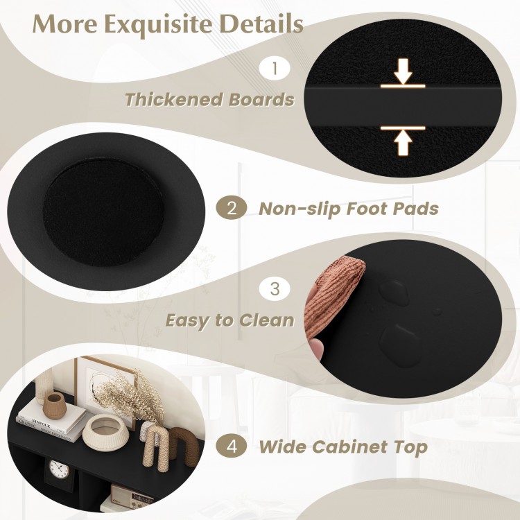 Detail view of the 8 cubbies shoe organizer in black, featuring thickened boards and non-slip foot pads for stability.