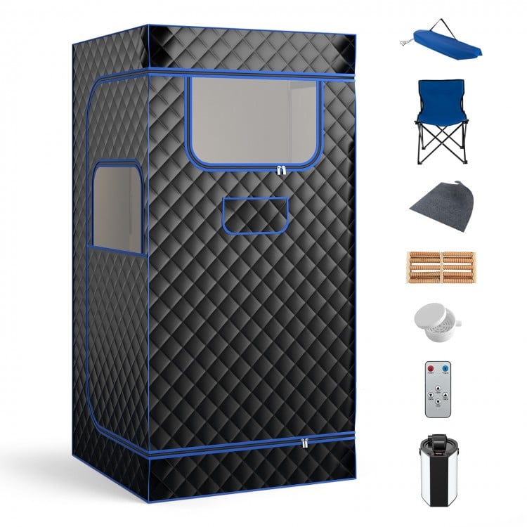 Portable steam sauna with 3L steam generator, remote control, and foldable chair for home relaxation and skin care.