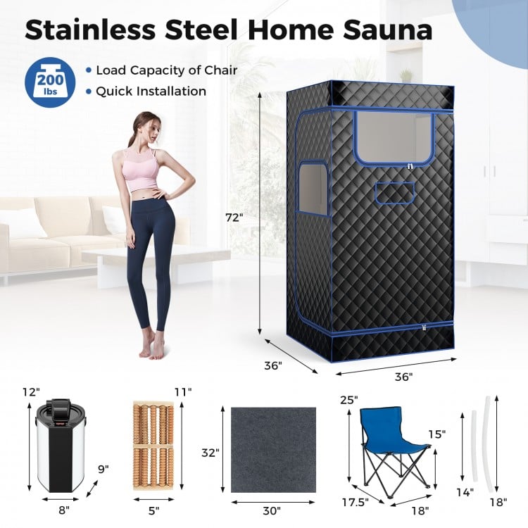 Portable steam sauna with stainless steel generator, foldable chair, and remote control for home relaxation and skin.