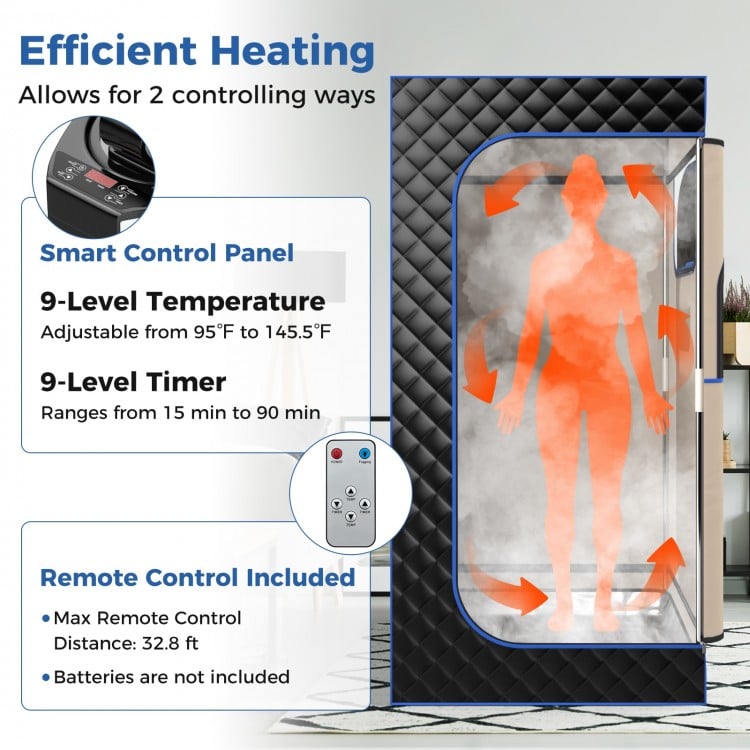 Portable steam sauna with remote control, adjustable 9-level temperature, and foldable chair for home relaxation.