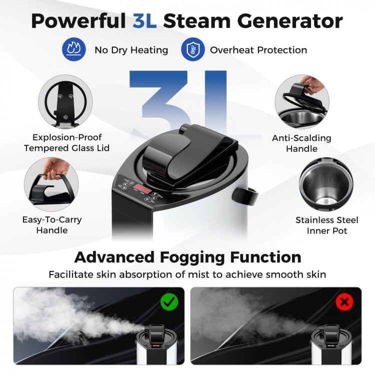 Portable steam sauna with 3L stainless steel steam generator and remote control for home relaxation and skin benefits.