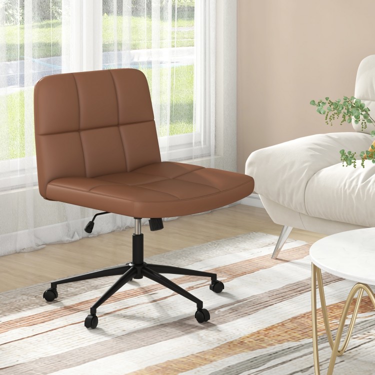 Brown height-adjustable armless desk chair with wheels, featuring a U-shaped cushion and ergonomic design for home.