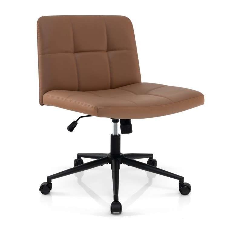 Brown height-adjustable desk chair with a supportive U-shaped cushion and smooth-rolling casters for flexible home.