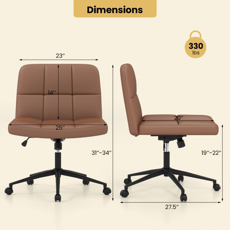 Height-adjustable armless desk chair in brown with oversized cushion, ergonomic design, and 360° swivel for home office.