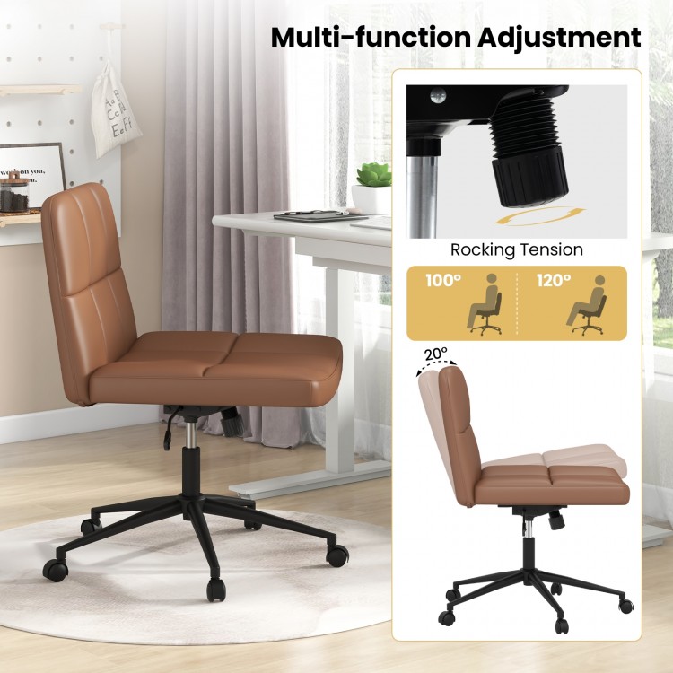 Height-adjustable armless desk chair in brown with a U-shaped cushion, ergonomic design, and smooth-rolling wheels.
