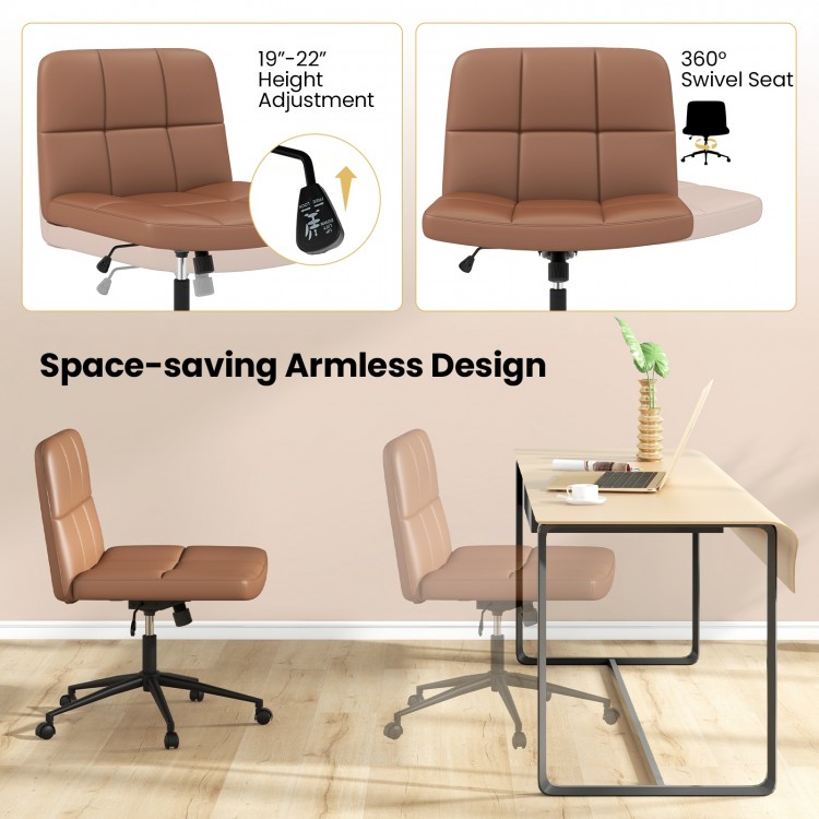 Height-adjustable armless desk chair in brown with 360° swivel seat and smooth-rolling wheels for home office use.