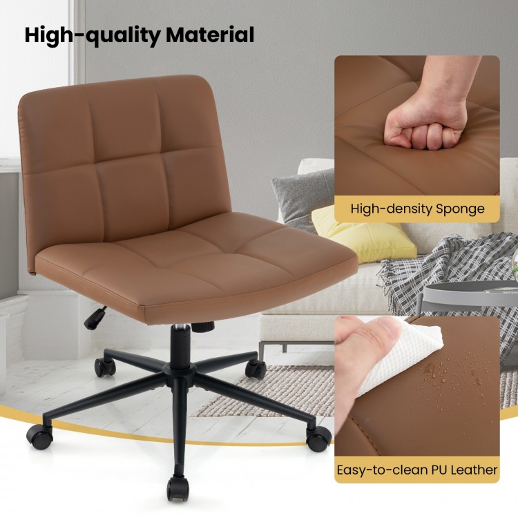 Brown height-adjustable armless desk chair with wheels, featuring easy-to-clean PU leather and ergonomic design for.