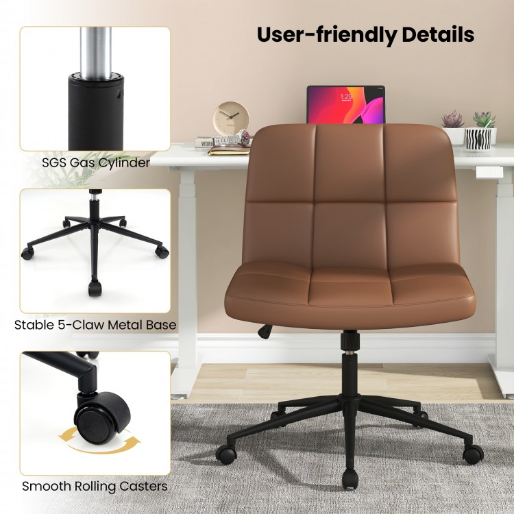 Height-adjustable armless desk chair in brown with a U-shaped cushion, stable metal base, and smooth rolling casters.