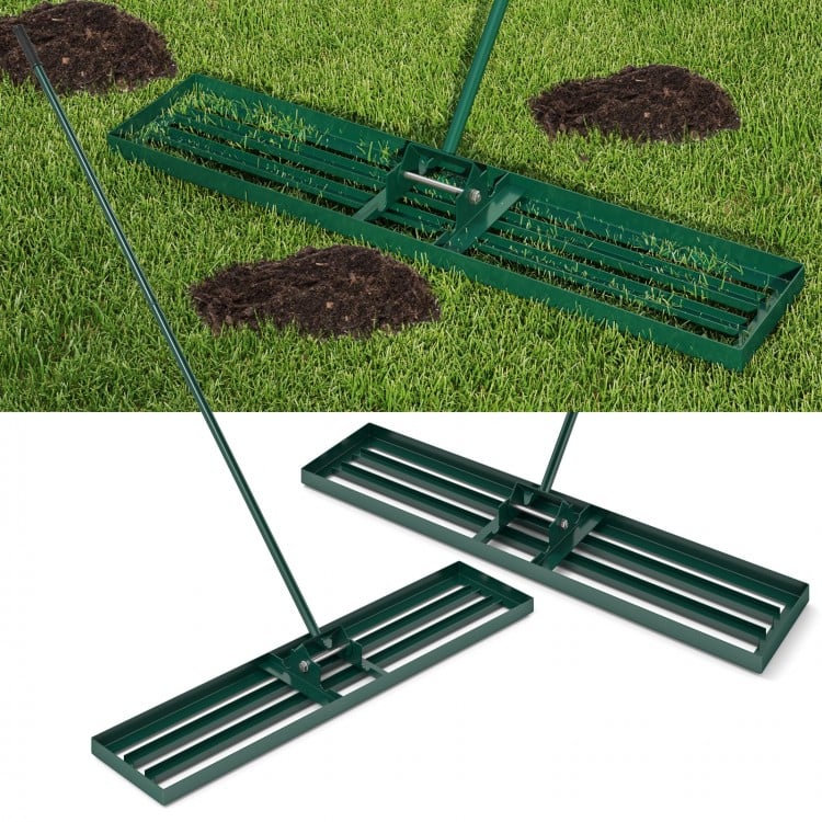Lawn leveling rake with a 46 x 10 inch wide plate, heavy-duty metal frame, and long handle for easy soil leveling.