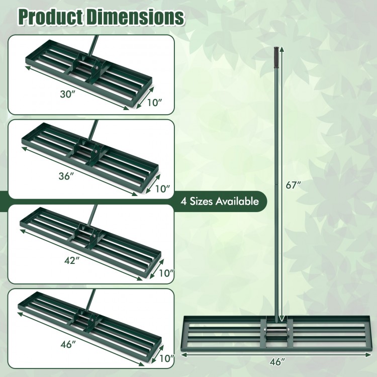 Lawn leveling rake dimensions showing 46 x 10 inch heavy-duty tool with adjustable handle for easy soil leveling.