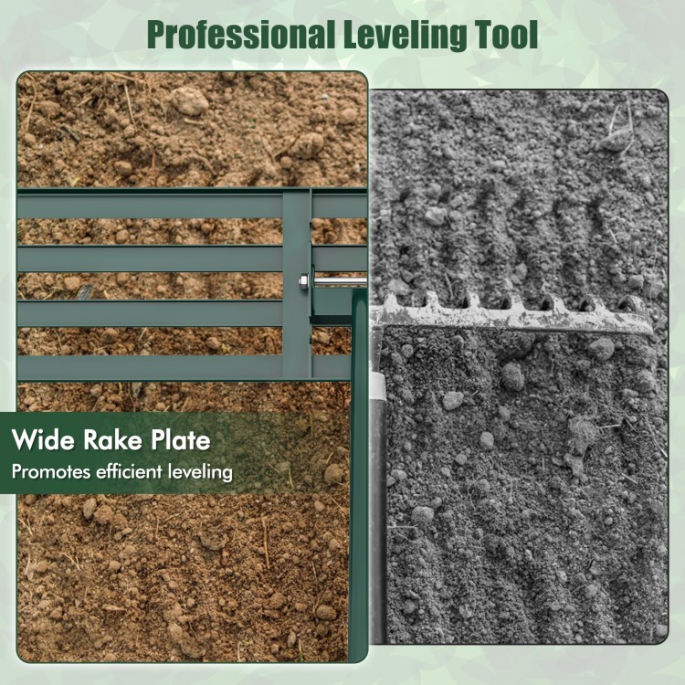 Wide rake plate of the heavy-duty lawn leveling rake for efficient soil leveling, ideal for gardens and farms.