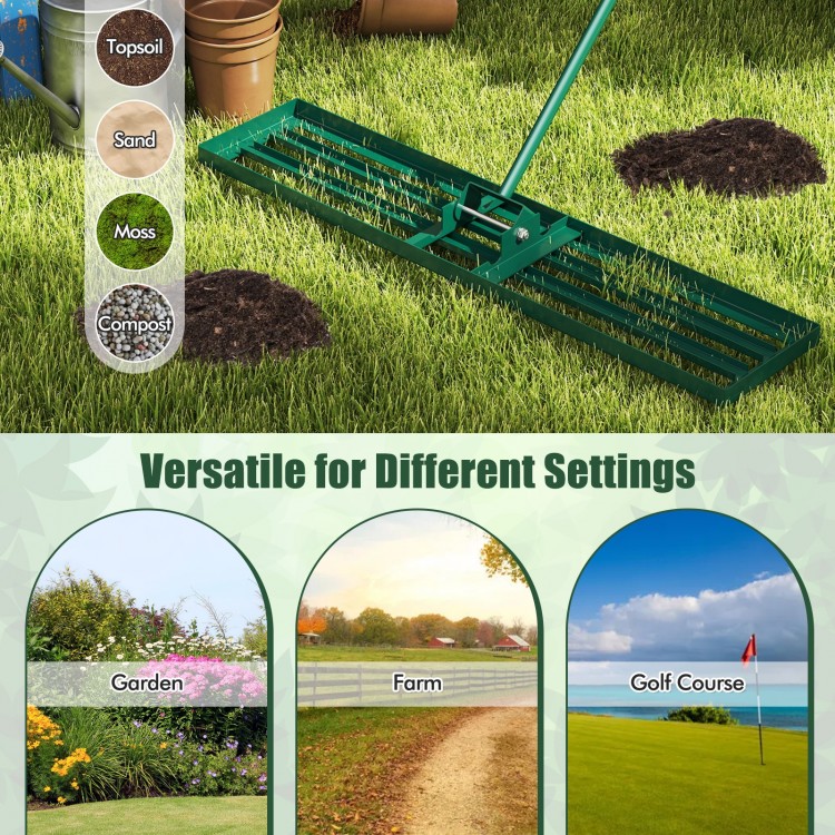Lawn leveling rake with a 46 x 10 inch plate, heavy-duty metal frame, ideal for garden, farm, or golf course use.