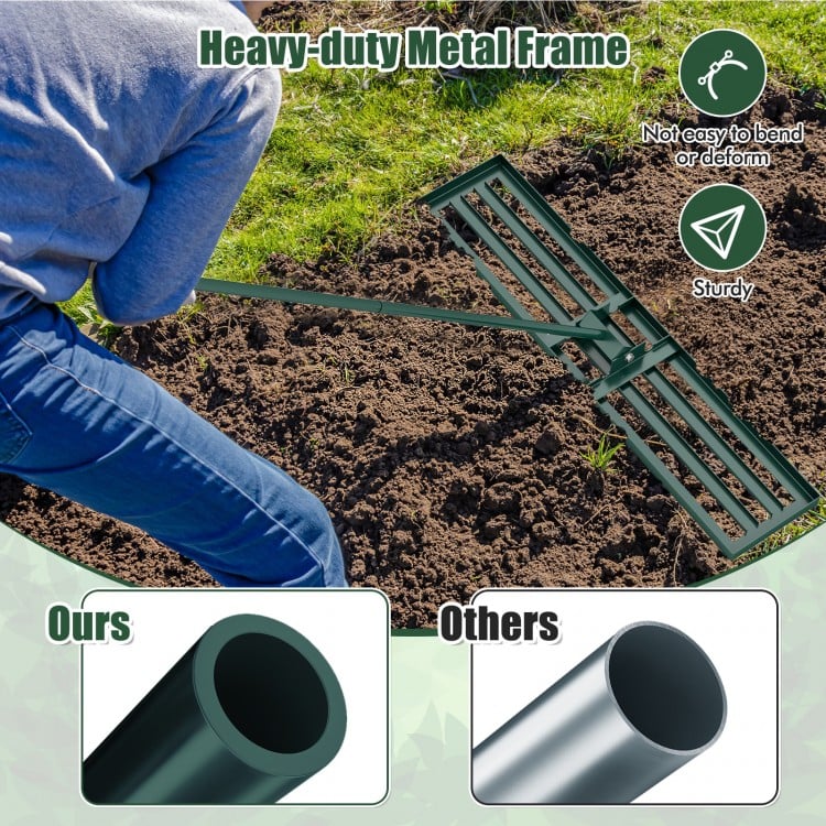 Lawn leveling rake with a heavy-duty metal frame, 46 x 10 inches, ideal for efficient soil leveling in gardens and.