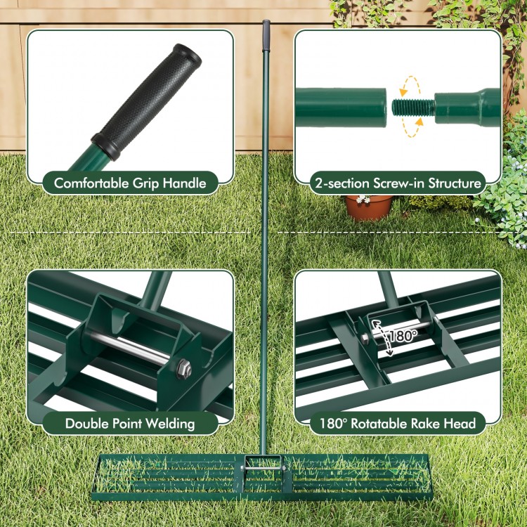 Lawn leveling rake with 46 x 10 inch wide plate, 180° rotatable head, and comfortable grip handle for easy soil.