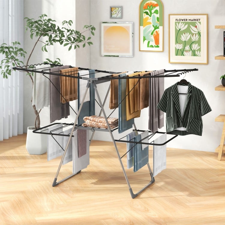 2-Tier clothes drying rack with adjustable gullwings, featuring 33 drying rails for versatile laundry drying needs.