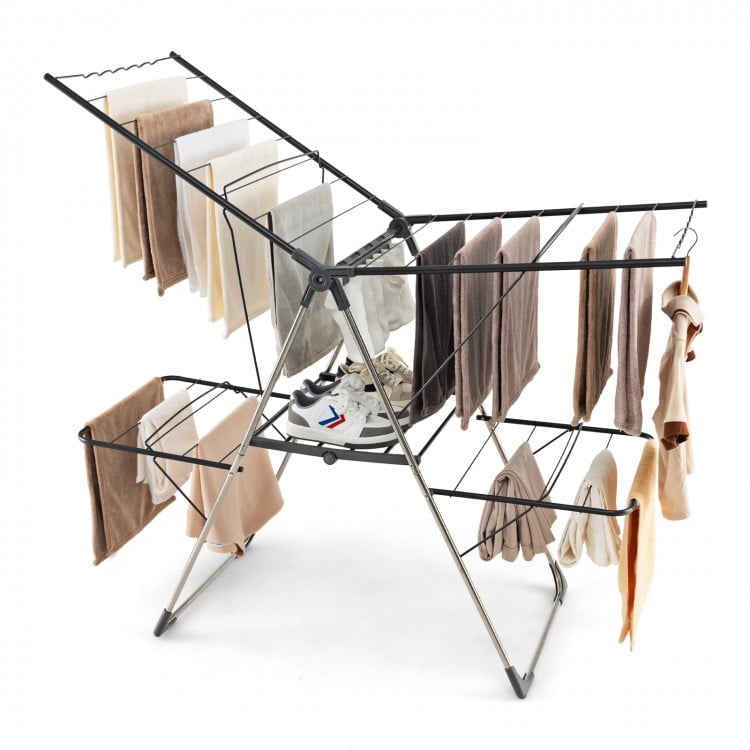 2-Tier clothes drying rack with flat lower wings, designed for pillows and shoes, featuring height adjustable gullwings.