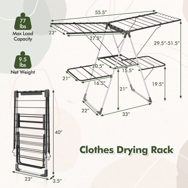 2-Tier clothes drying rack with adjustable gullwings, 33 drying rails, and sturdy powder-coated metal frame for.