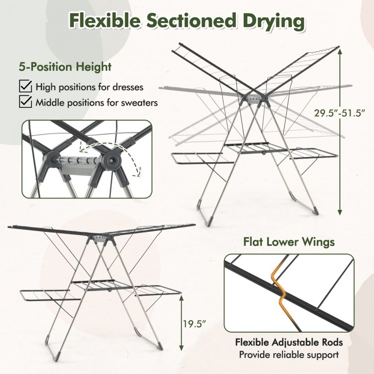 2-Tier clothes drying rack with adjustable height, 33 drying rails, and flat lower wings for versatile laundry drying.
