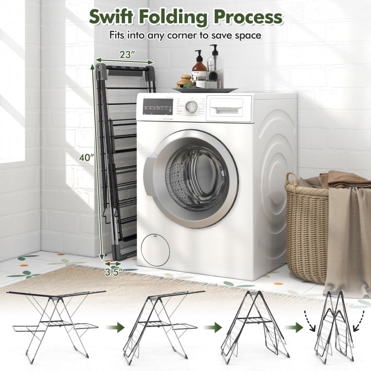 2-Tier clothes drying rack with 33 drying rails, height adjustable gullwings, and space-saving foldable design.