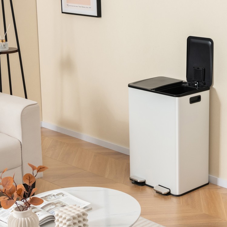 Dual compartment 8-gal trash can in white, featuring a stainless steel frame and stay-open design for easy waste.