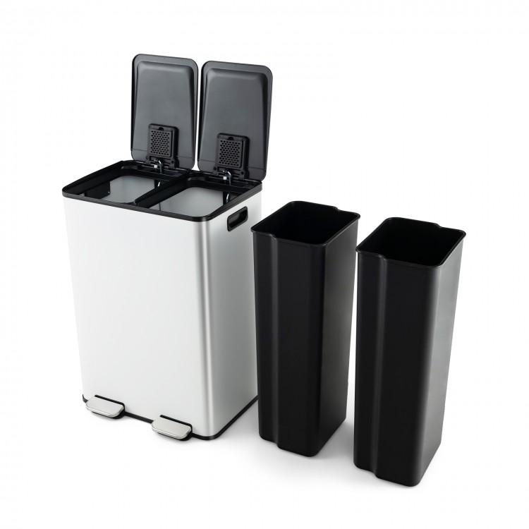 Dual compartment 8-gal trash can in white with stainless steel frame, perfect for recycling and kitchen waste sorting.
