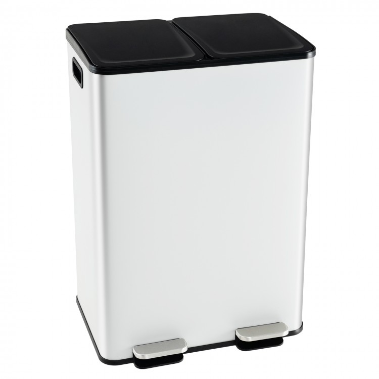 Dual compartment 8-gal trash can in white with stainless steel frame, ideal for waste sorting in kitchen or office.
