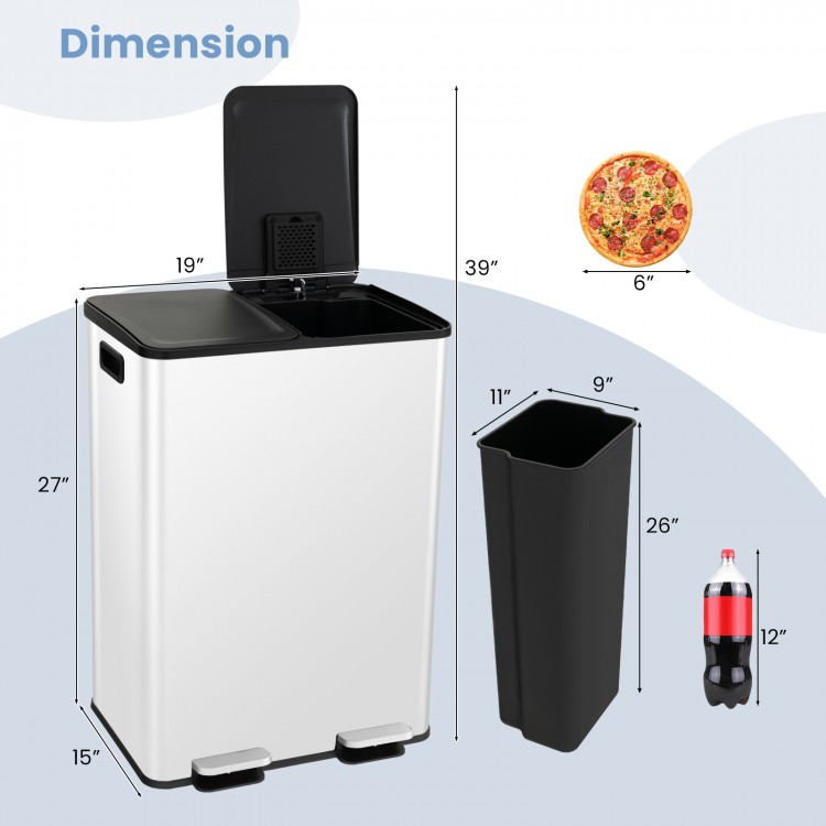 Dual compartment 8 gal trash can in white, featuring stainless steel, dimensions 19"x27"x39", ideal for waste sorting.